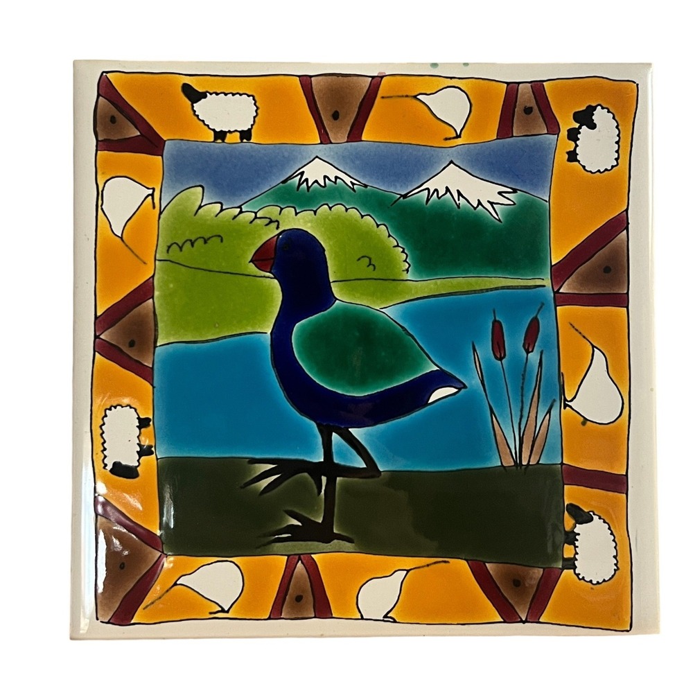 Vtg Te Huia New Zealand Handglazed Ceramic Tile Pukeko Bird Sheep Kiwi Art‎ 6x6